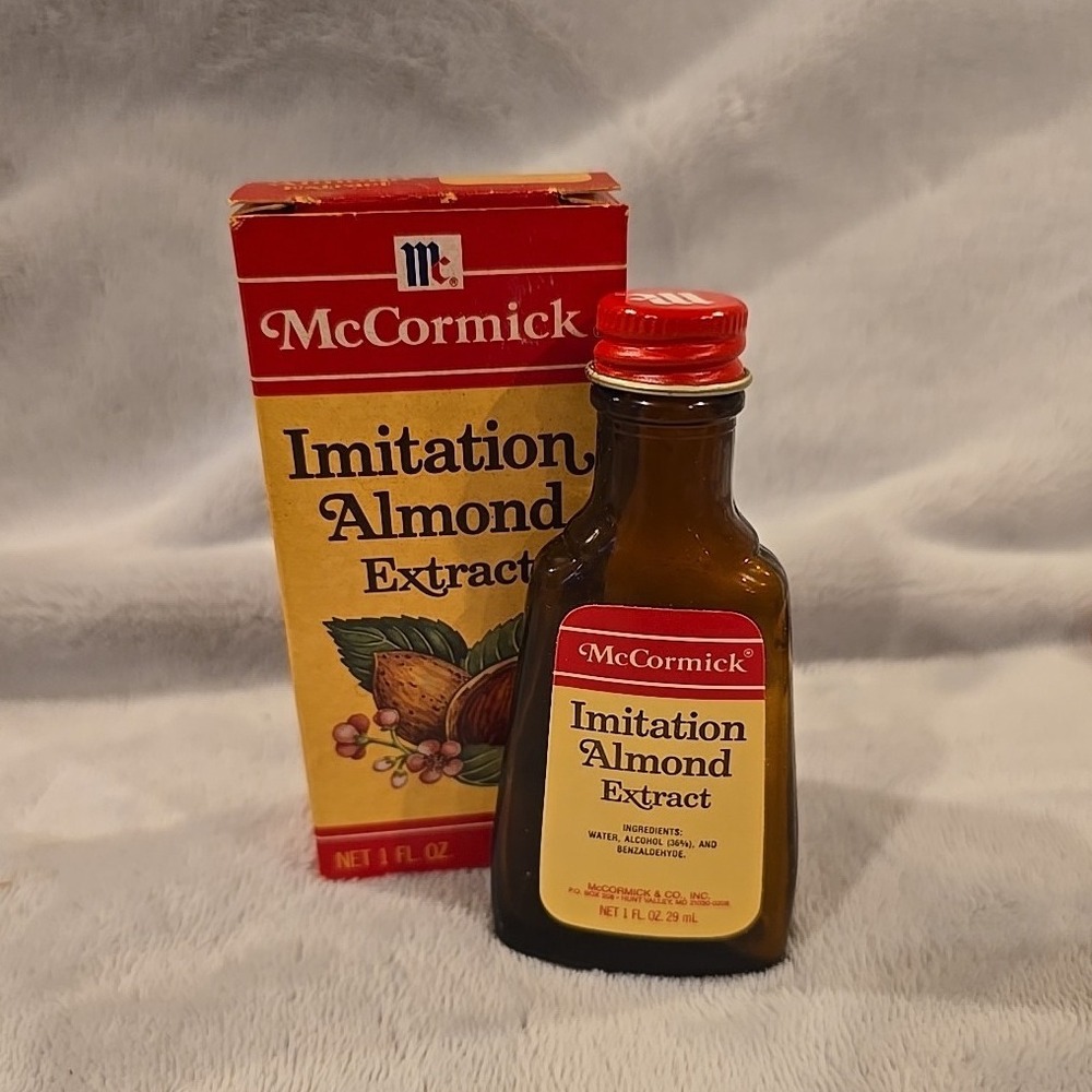 Vintage McCormick Imitation Almond Extract‎ Bottle 1oz Amber Glass with Box